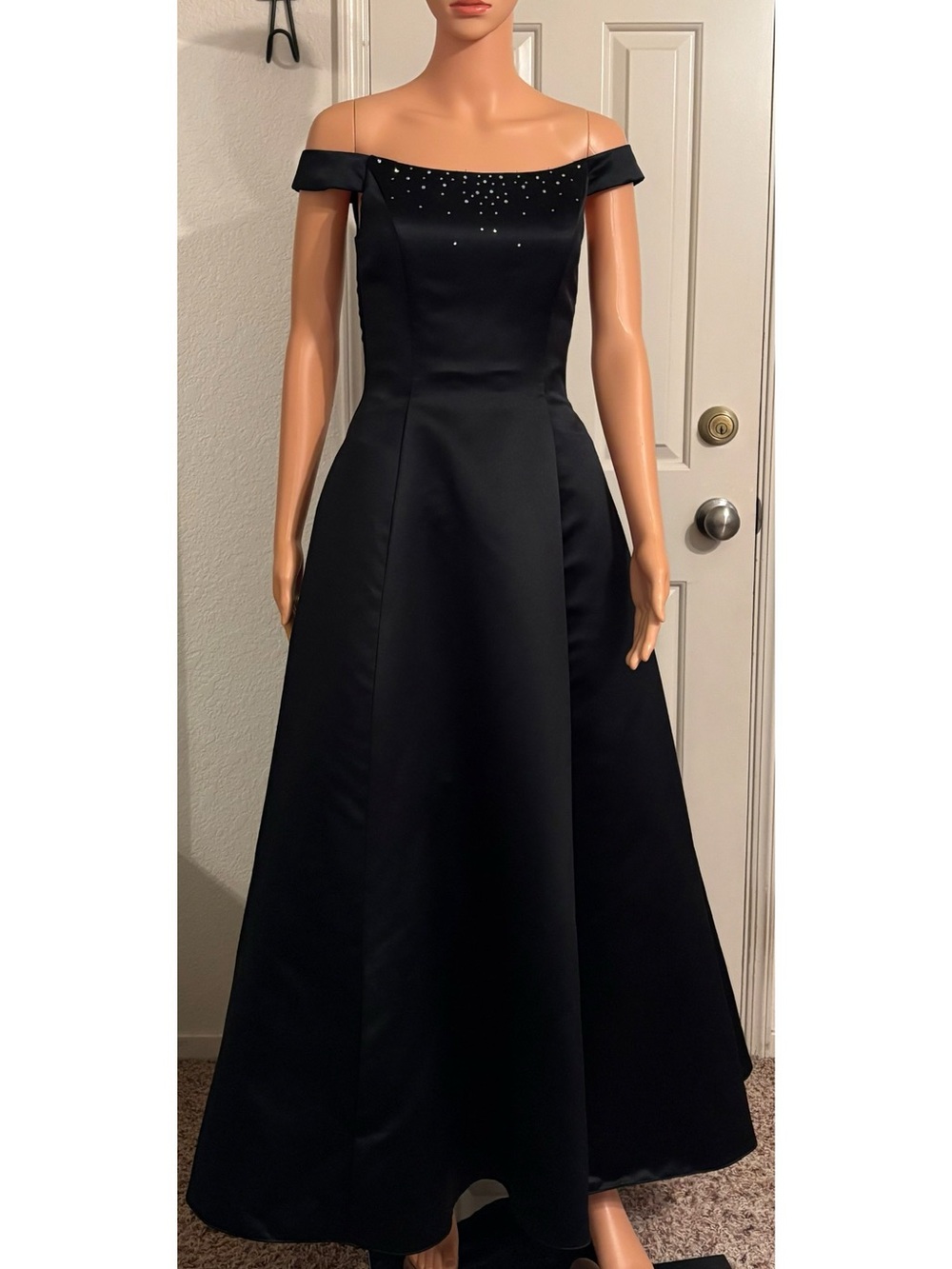 Jessica McClintock Black Off-Shoulder Maxi Gown with Crystal Detail